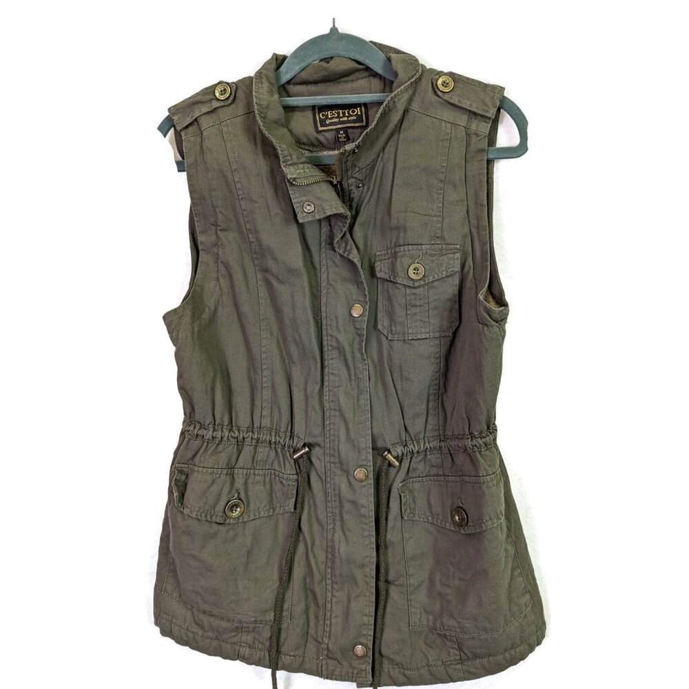 C Esttoi Women size M Vest Green Army Button Up Zip Waist Sherpa Lining Jacket - Picture 1 of 13